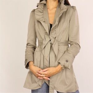 ANTHROPOLOGIE Idra Clinton Tan Ruffle Zip Front Tie Trench Coat Jacket 12 L 10